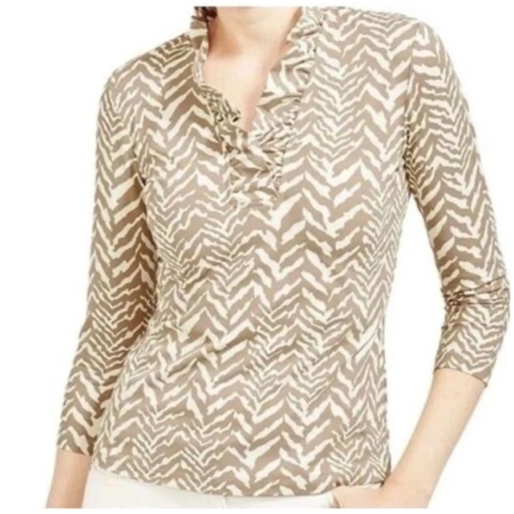 J MCLAUGHLIN DURHAM TOP S ZEBRA PRINT RUFFLE COLLAR CATALINA CLOTH CASUAL CHIC